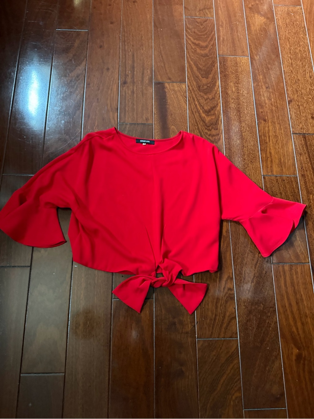 Sugarlips Red Tie-Front Crop Top with Bell Sleeves